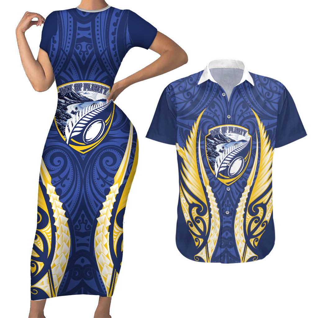 Bay of Plenty 2026 Rugby Custom Couples Matching Short Sleeve Bodycon Dress and Hawaiian Shirt NZ Maori Silver Fern LT14 Blue - Polynesian Pride