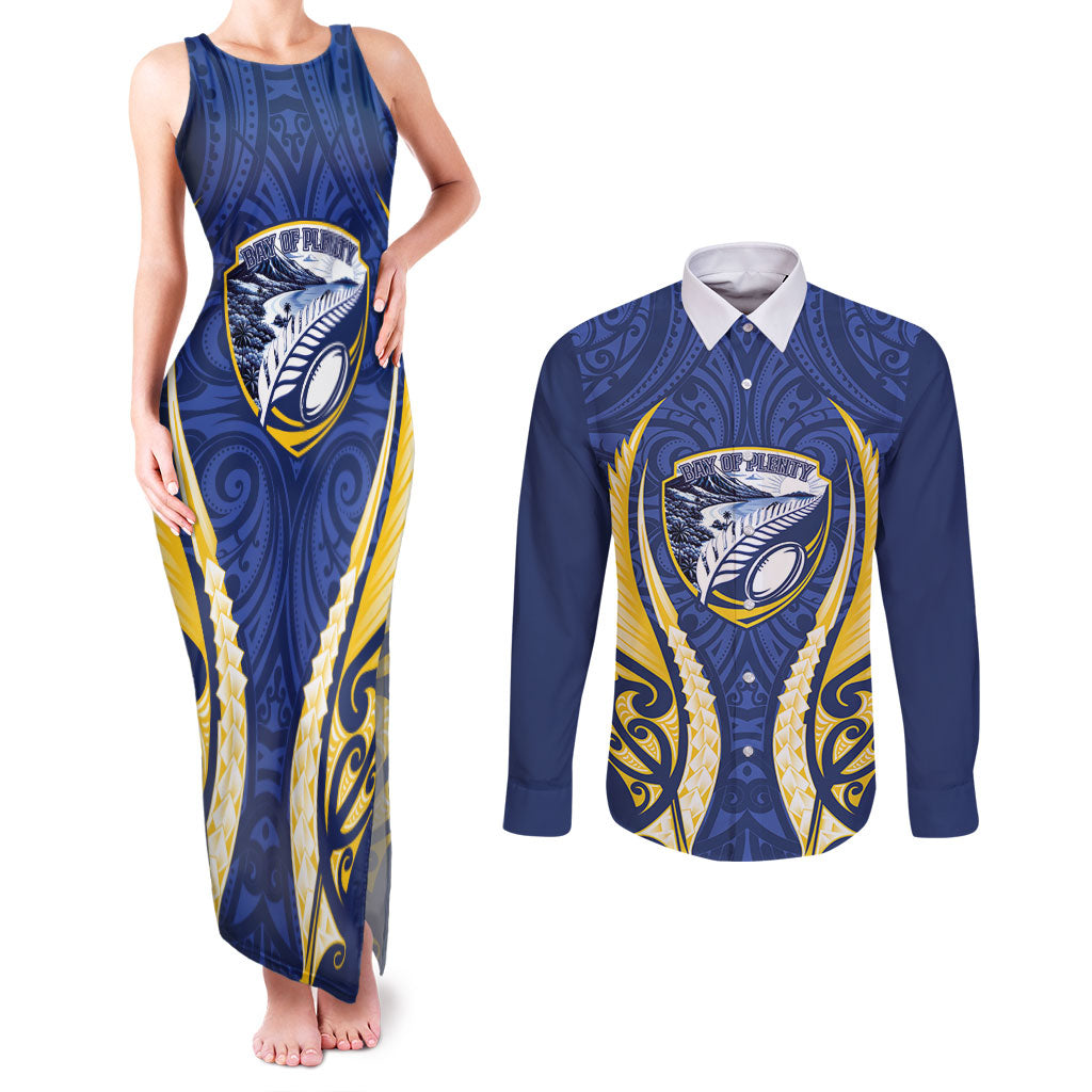 Bay of Plenty 2026 Rugby Custom Couples Matching Tank Maxi Dress and Long Sleeve Button Shirt NZ Maori Silver Fern LT14 Blue - Polynesian Pride
