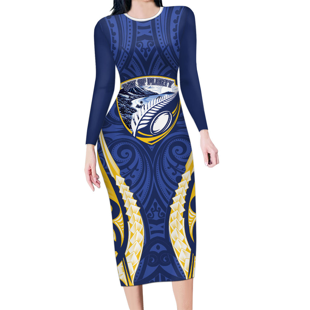 Bay of Plenty 2026 Rugby Custom Family Matching Long Sleeve Bodycon Dress and Hawaiian Shirt NZ Maori Silver Fern LT14 Mom's Dress Blue - Polynesian Pride