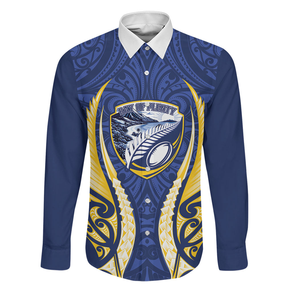 Bay of Plenty 2026 Rugby Custom Family Matching Off Shoulder Short Dress and Hawaiian Shirt NZ Maori Silver Fern LT14 Dad's Shirt - Long Sleeve Blue - Polynesian Pride