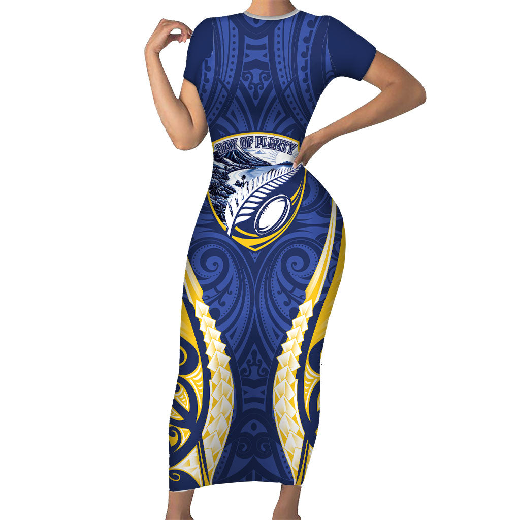 Bay of Plenty 2026 Rugby Custom Family Matching Short Sleeve Bodycon Dress and Hawaiian Shirt NZ Maori Silver Fern LT14 Mom's Dress Blue - Polynesian Pride