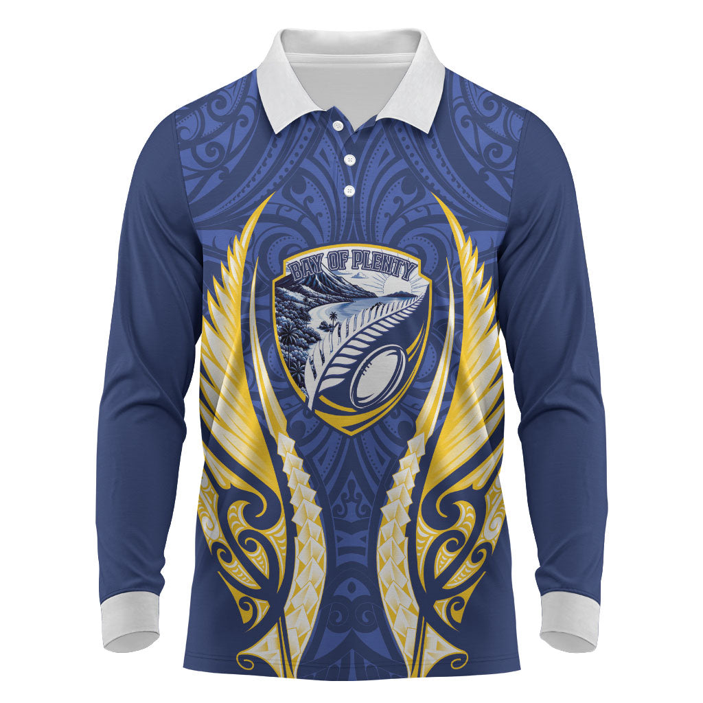 Bay of Plenty 2026 Rugby Custom Long Sleeve Polo Shirt NZ Maori Silver Fern LT14 Blue - Polynesian Pride