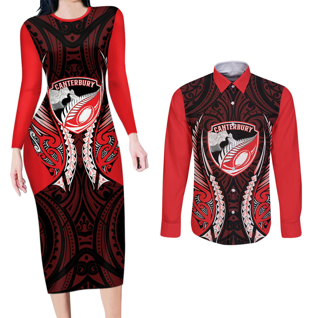 Canterbury 2026 Rugby Custom Couples Matching Long Sleeve Bodycon Dress and Long Sleeve Button Shirt NZ Maori Silver Fern LT14 Red - Polynesian Pride