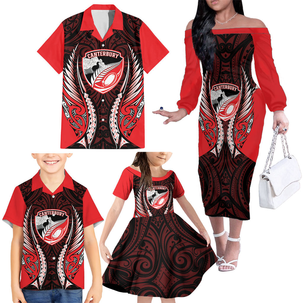 Canterbury 2026 Rugby Custom Family Matching Off The Shoulder Long Sleeve Dress and Hawaiian Shirt NZ Maori Silver Fern LT14 - Polynesian Pride