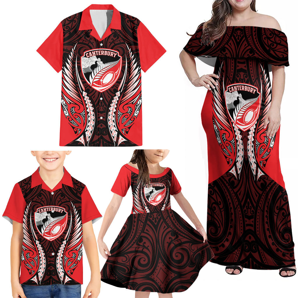 Canterbury 2026 Rugby Custom Family Matching Off Shoulder Maxi Dress and Hawaiian Shirt NZ Maori Silver Fern LT14 - Polynesian Pride