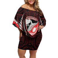 Canterbury 2026 Rugby Custom Family Matching Off Shoulder Short Dress and Hawaiian Shirt NZ Maori Silver Fern LT14 Mom's Dress Red - Polynesian Pride