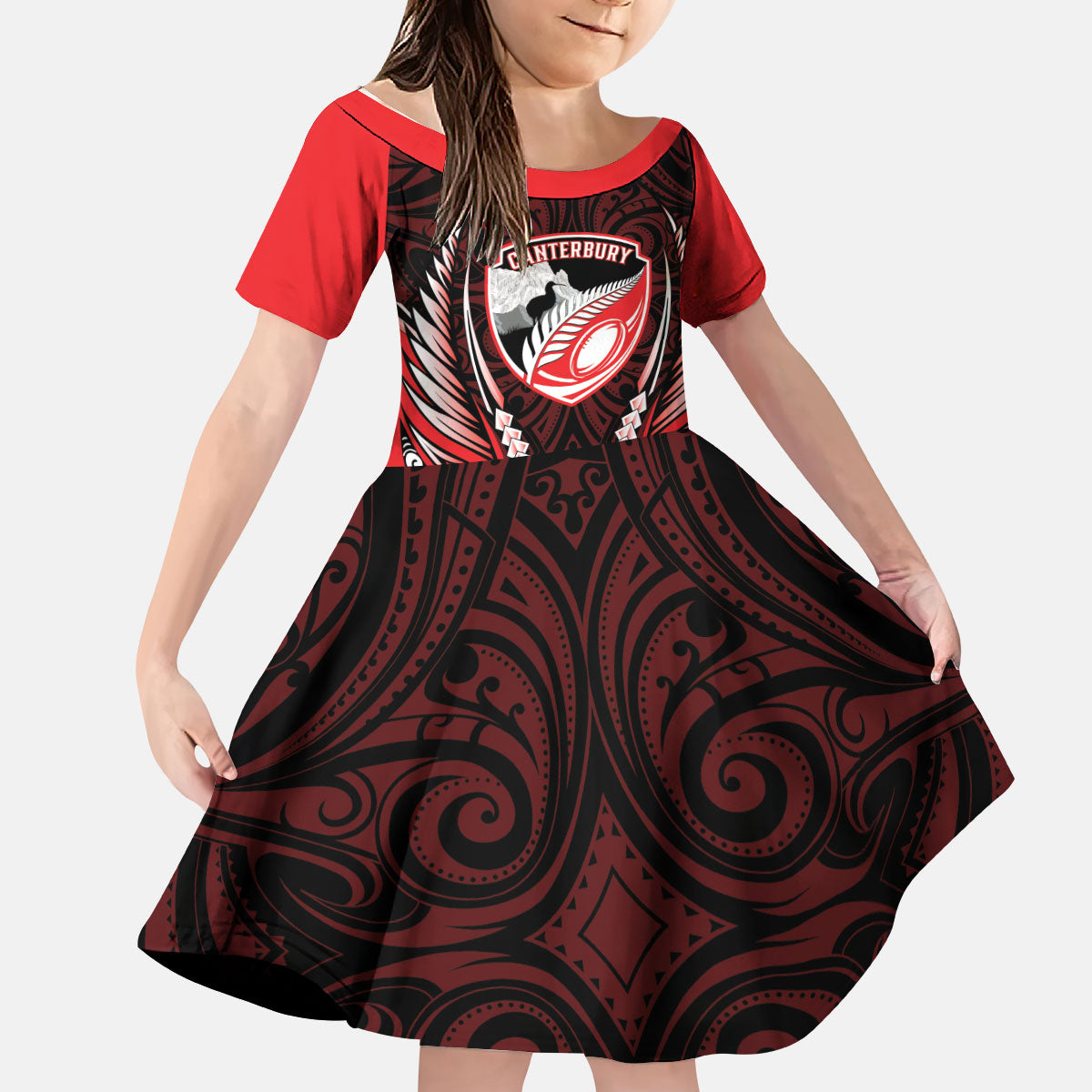 Canterbury 2026 Rugby Custom Kid Short Sleeve Dress NZ Maori Silver Fern LT14 KID Red - Polynesian Pride