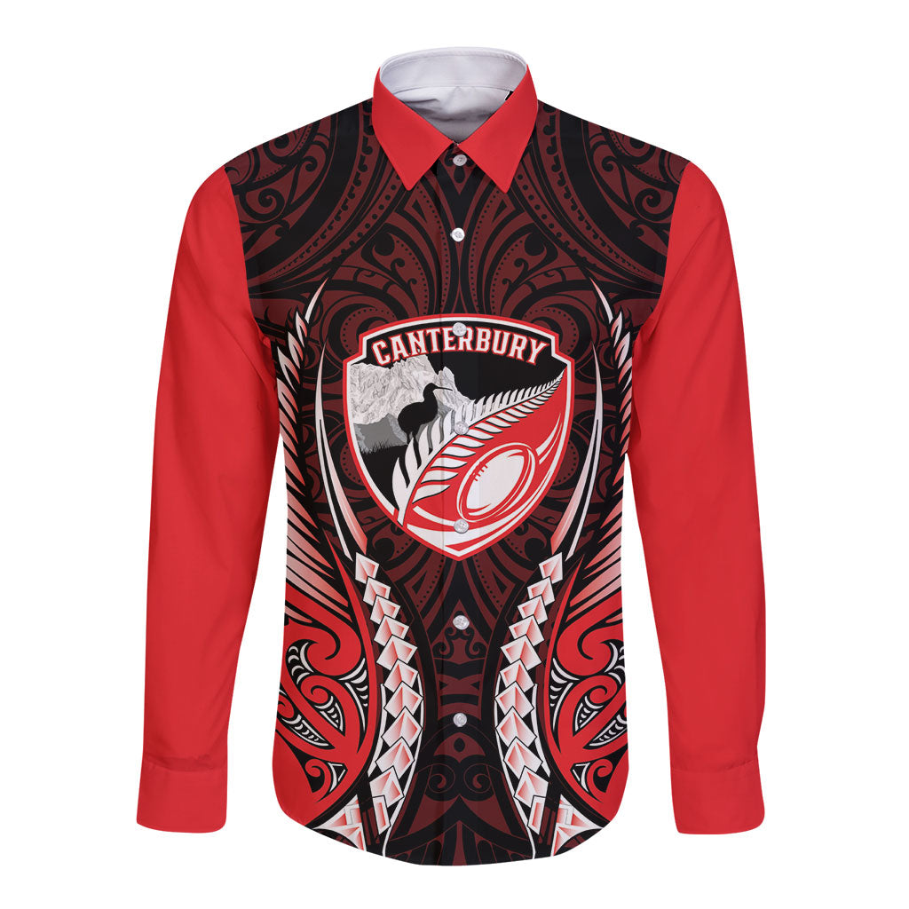 Canterbury 2026 Rugby Custom Long Sleeve Button Shirt NZ Maori Silver Fern LT14 Unisex Red - Polynesian Pride
