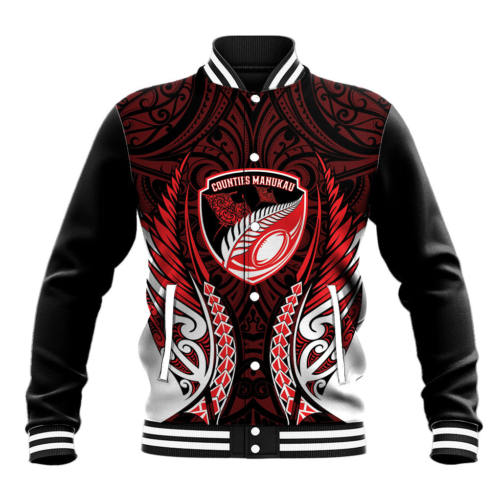 Counties Manukau 2026 Rugby Custom Baseball Jacket NZ Maori Silver Fern LT14 Unisex Red - Polynesian Pride