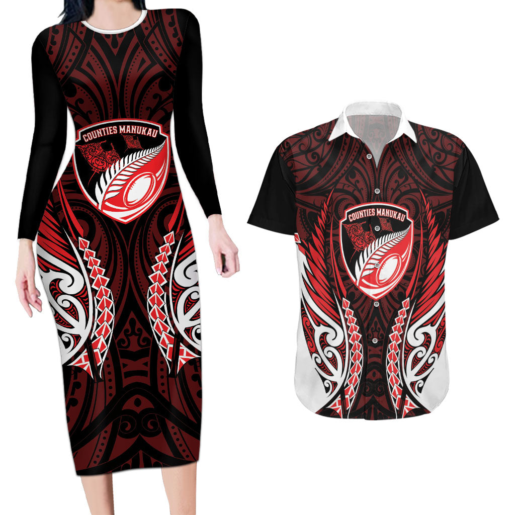 Counties Manukau 2026 Rugby Custom Couples Matching Long Sleeve Bodycon Dress and Hawaiian Shirt NZ Maori Silver Fern LT14 Red - Polynesian Pride