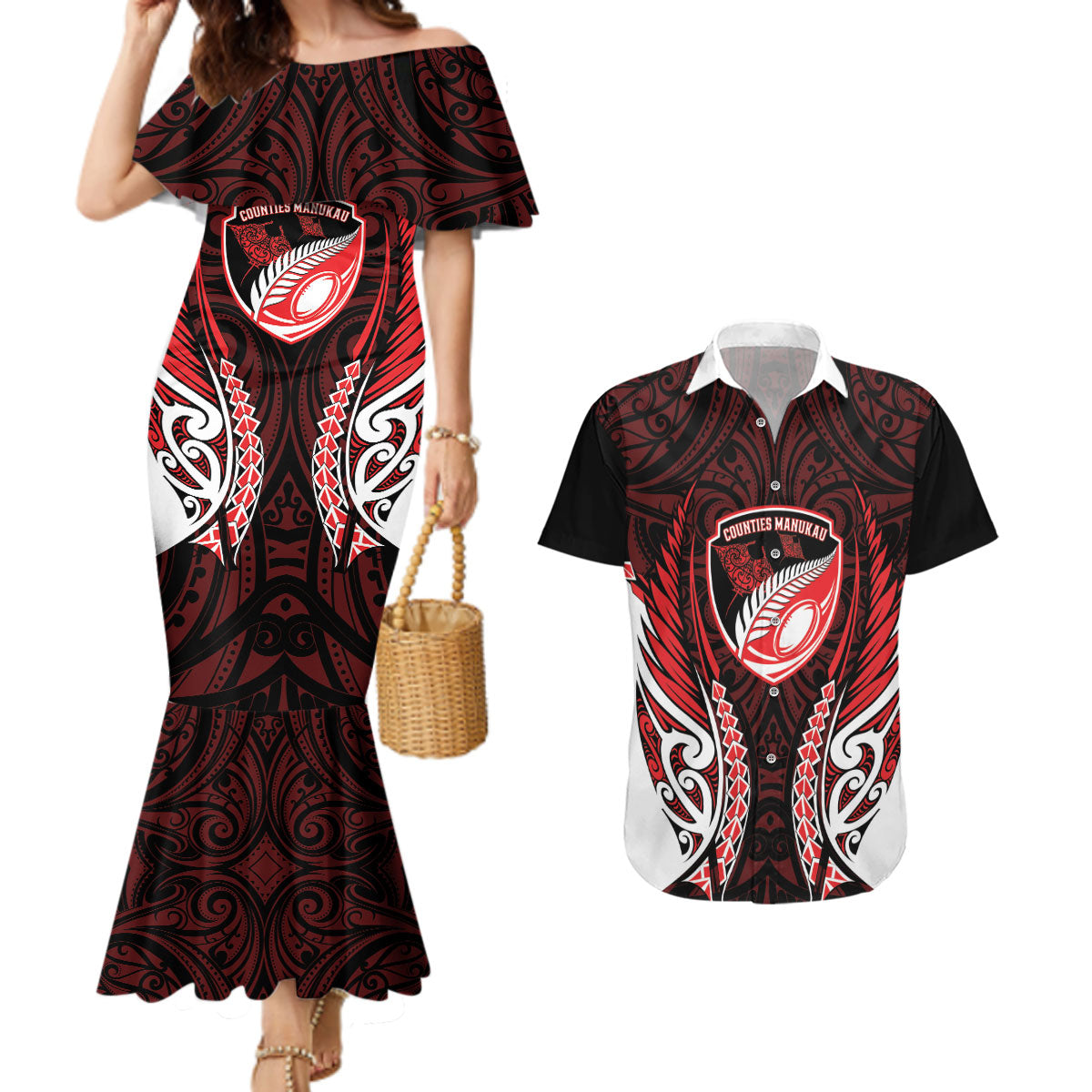 Counties Manukau 2026 Rugby Custom Couples Matching Mermaid Dress and Hawaiian Shirt NZ Maori Silver Fern LT14 Red - Polynesian Pride