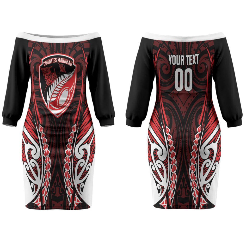 Counties Manukau 2026 Rugby Custom Couples Matching Off The Shoulder Long Sleeve Dress and Long Sleeve Button Shirt NZ Maori Silver Fern LT14 - Polynesian Pride