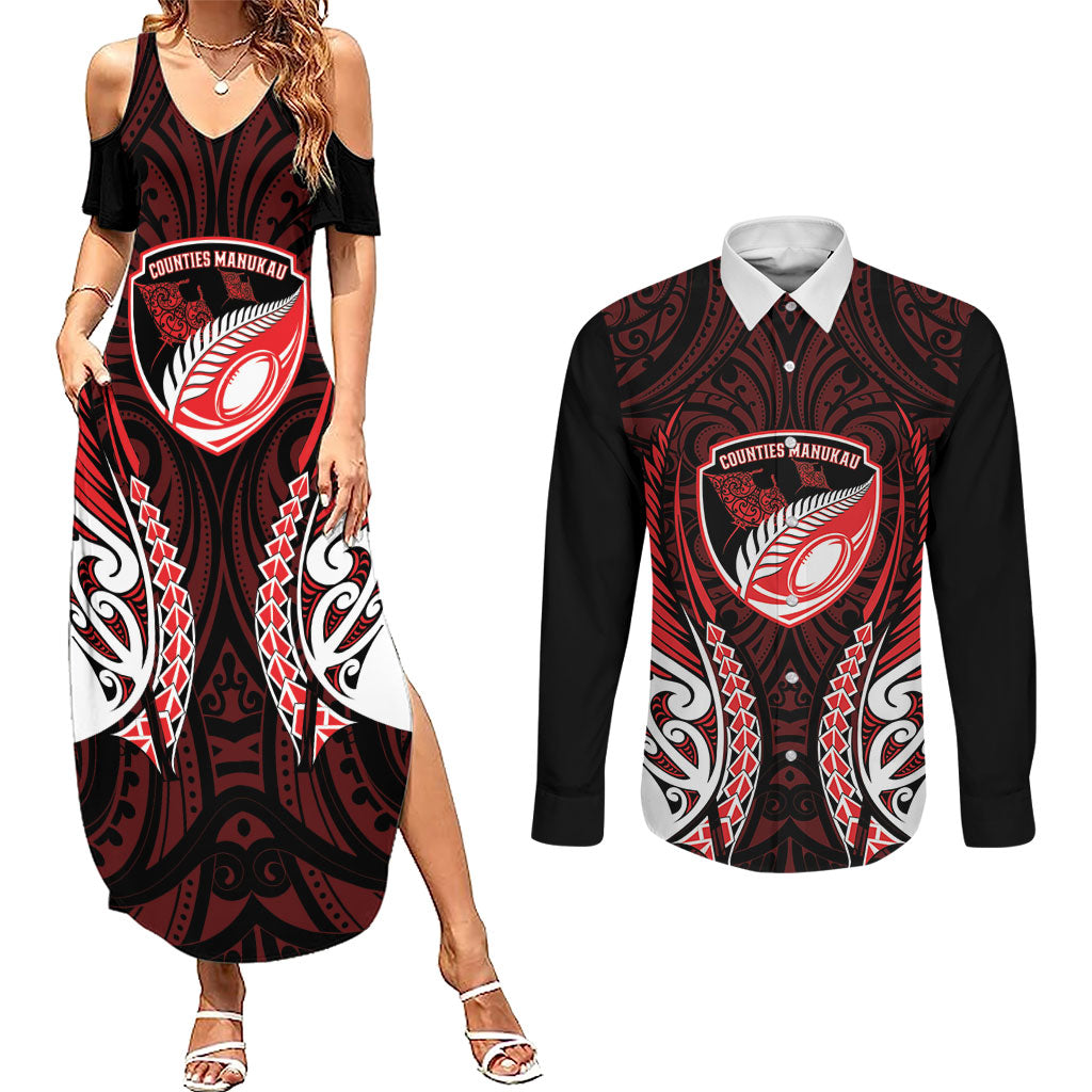 Counties Manukau 2026 Rugby Custom Couples Matching Summer Maxi Dress and Long Sleeve Button Shirt NZ Maori Silver Fern LT14 Red - Polynesian Pride