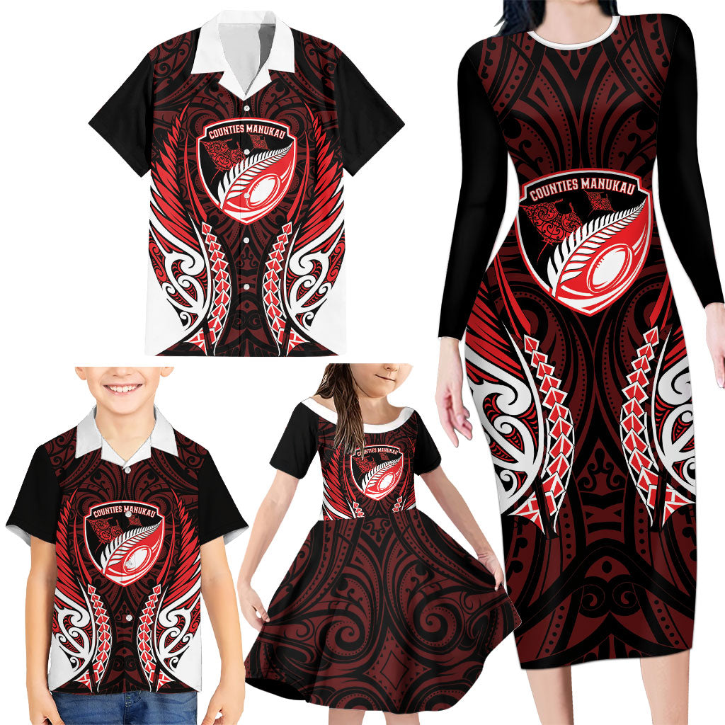 Counties Manukau 2026 Rugby Custom Family Matching Long Sleeve Bodycon Dress and Hawaiian Shirt NZ Maori Silver Fern