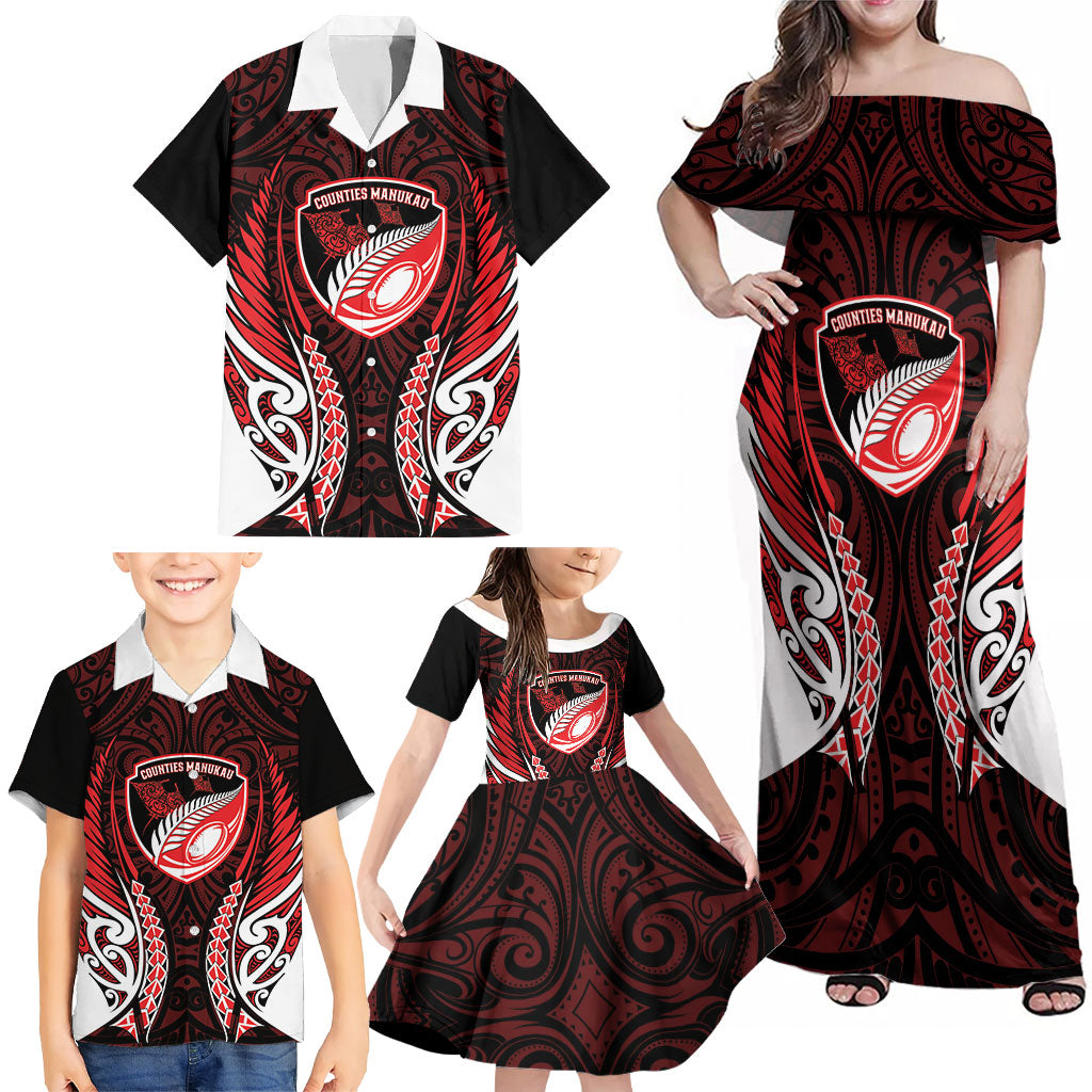 Counties Manukau 2026 Rugby Custom Family Matching Off Shoulder Maxi Dress and Hawaiian Shirt NZ Maori Silver Fern LT14 - Polynesian Pride