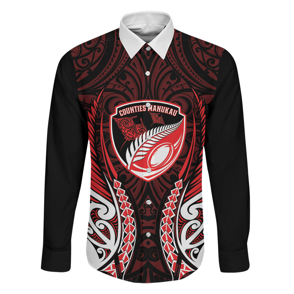 Counties Manukau 2026 Rugby Custom Family Matching Puletasi and Hawaiian Shirt NZ Maori Silver Fern LT14 Dad's Shirt - Long Sleeve Red - Polynesian Pride