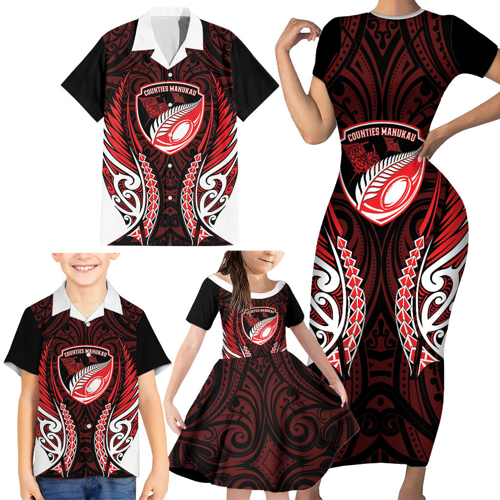 Counties Manukau 2026 Rugby Custom Family Matching Short Sleeve Bodycon Dress and Hawaiian Shirt NZ Maori Silver Fern LT14 - Polynesian Pride