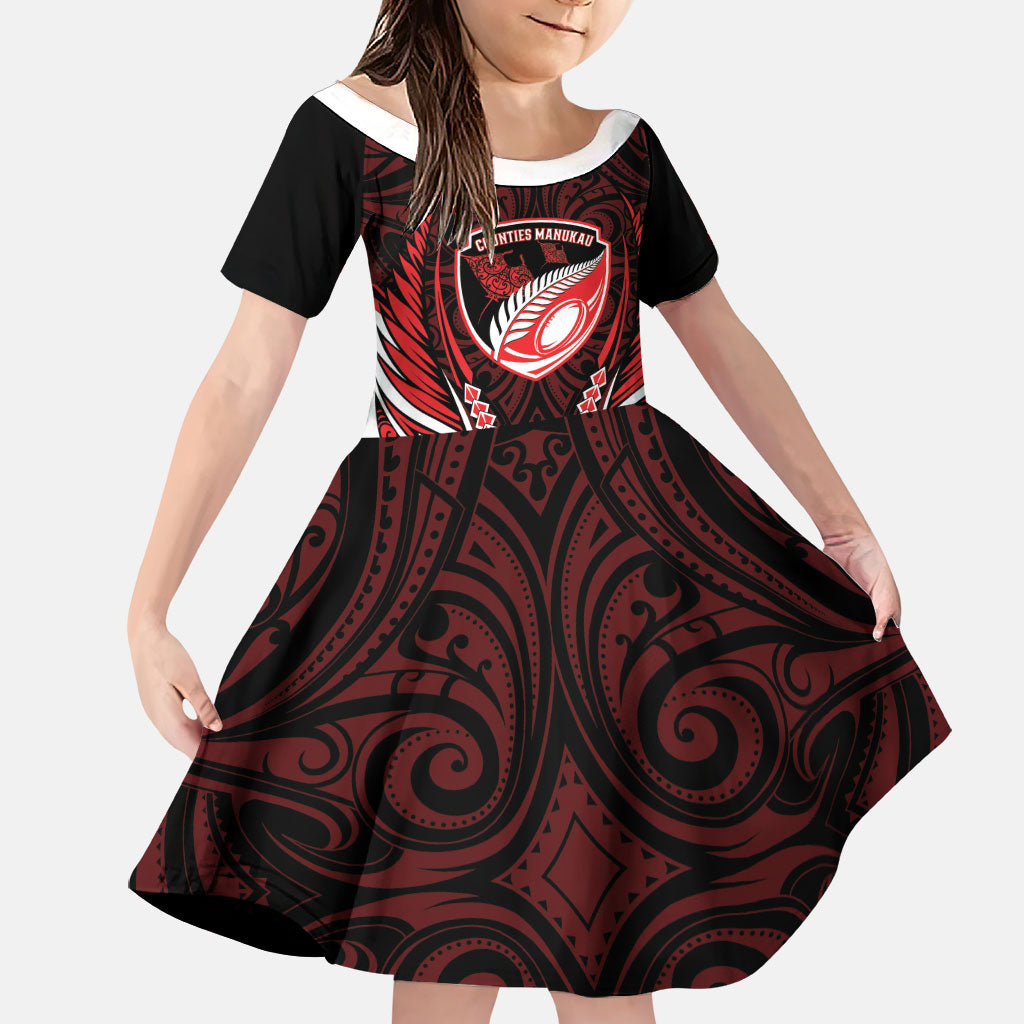 Counties Manukau 2026 Rugby Custom Family Matching Tank Maxi Dress and Hawaiian Shirt NZ Maori Silver Fern LT14 Daughter's Dress Red - Polynesian Pride
