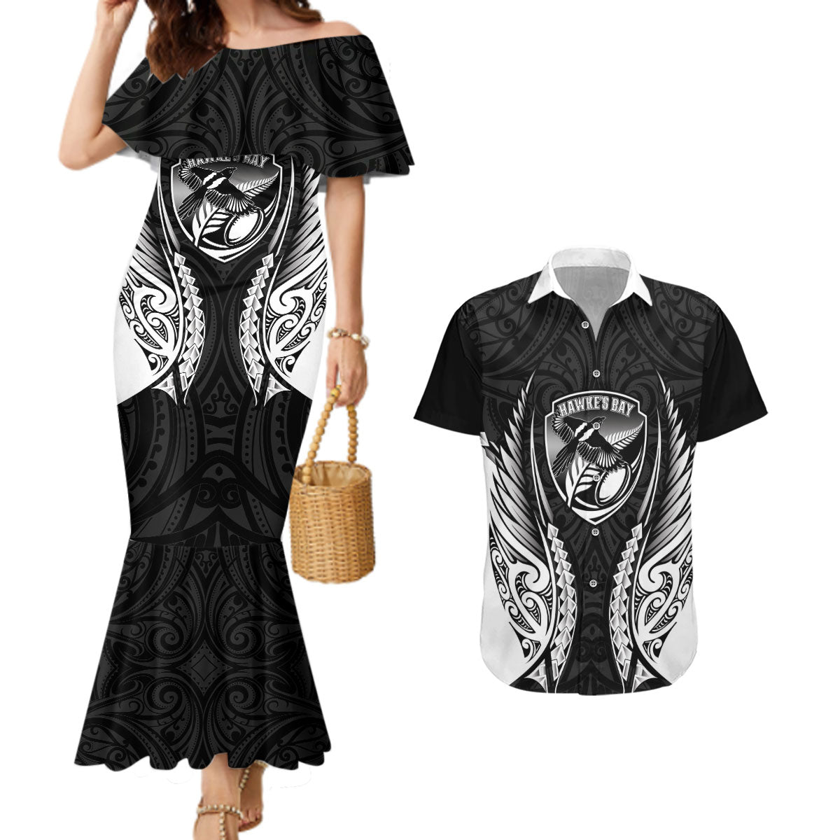 Hawke's Bay 2026 Rugby Custom Couples Matching Mermaid Dress and Hawaiian Shirt NZ Maori Silver Fern LT14 Black - Polynesian Pride