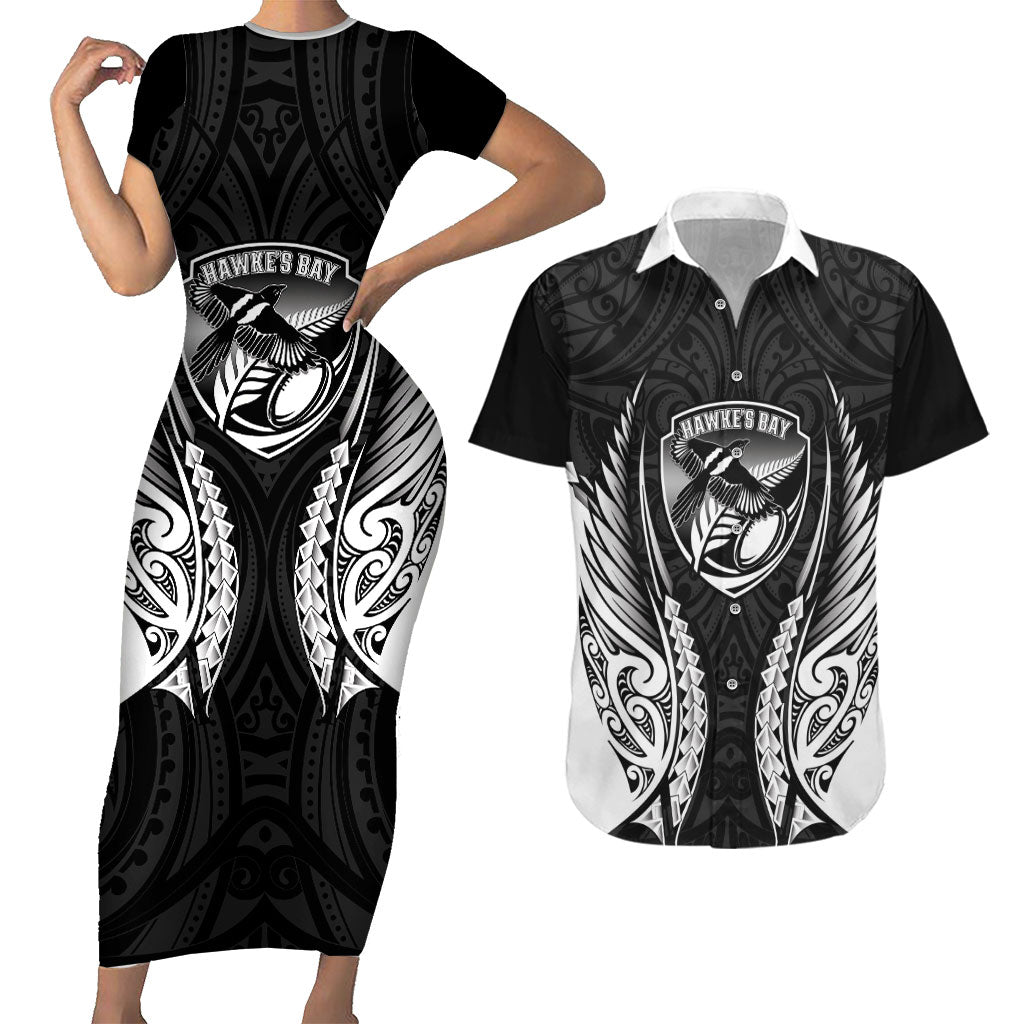 Hawke's Bay 2026 Rugby Custom Couples Matching Short Sleeve Bodycon Dress and Hawaiian Shirt NZ Maori Silver Fern LT14 Black - Polynesian Pride