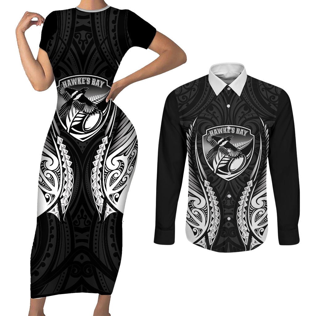 Hawke's Bay 2026 Rugby Custom Couples Matching Short Sleeve Bodycon Dress and Long Sleeve Button Shirt NZ Maori Silver Fern LT14 Black - Polynesian Pride