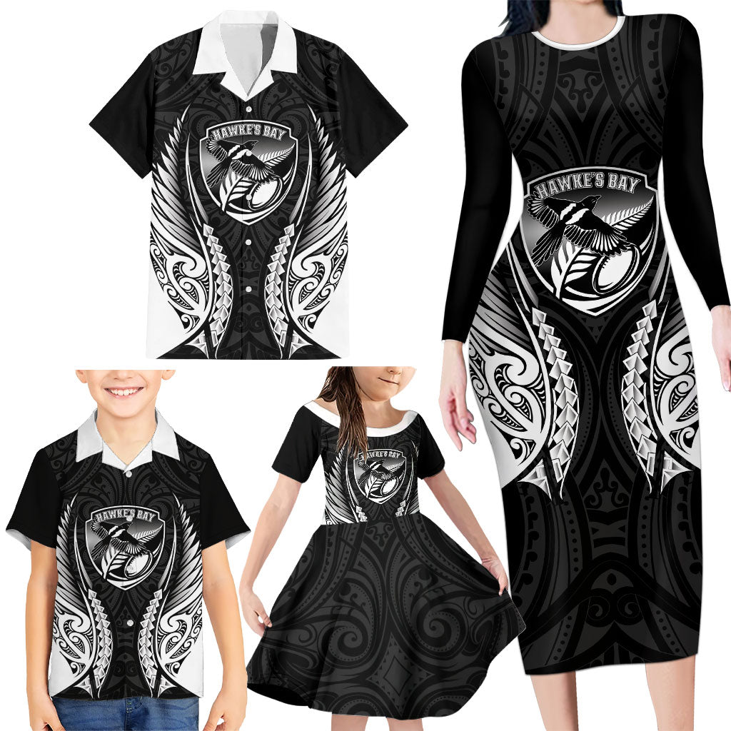 Hawke's Bay 2026 Rugby Custom Family Matching Long Sleeve Bodycon Dress and Hawaiian Shirt NZ Maori Silver Fern LT14 - Polynesian Pride