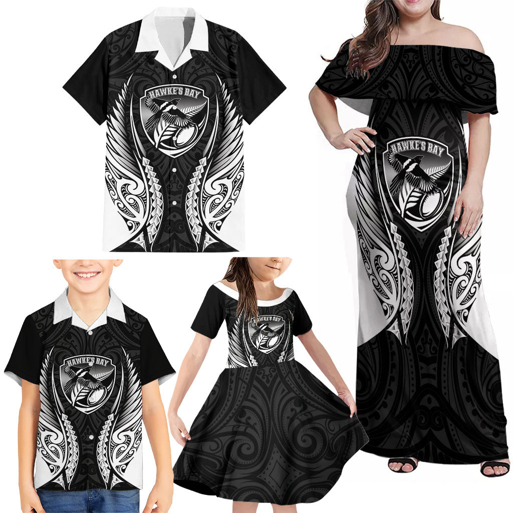Hawke's Bay 2026 Rugby Custom Family Matching Off Shoulder Maxi Dress and Hawaiian Shirt NZ Maori Silver Fern LT14 - Polynesian Pride