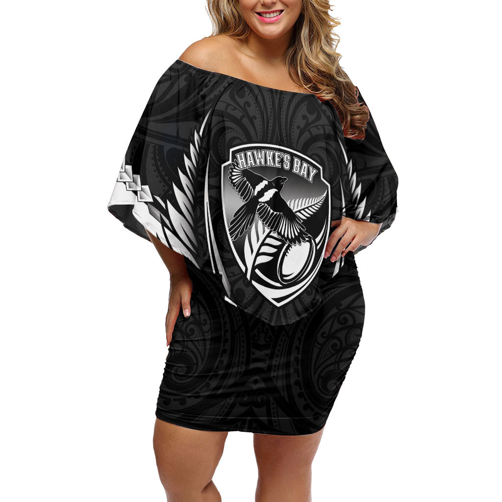Hawke's Bay 2026 Rugby Custom Family Matching Off Shoulder Short Dress and Hawaiian Shirt NZ Maori Silver Fern LT14 Mom's Dress Black - Polynesian Pride