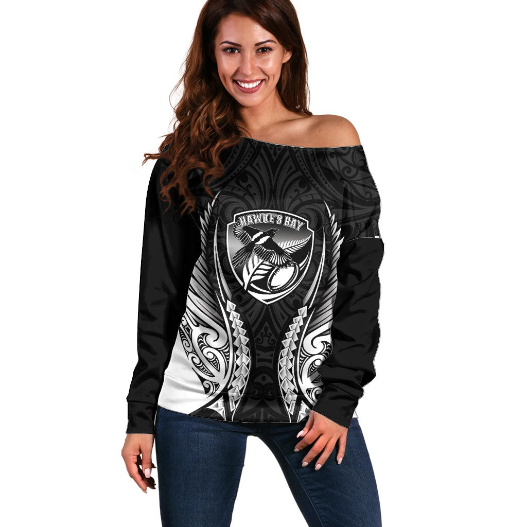 Hawke's Bay 2026 Rugby Custom Off Shoulder Sweater NZ Maori Silver Fern LT14 Women Black - Polynesian Pride
