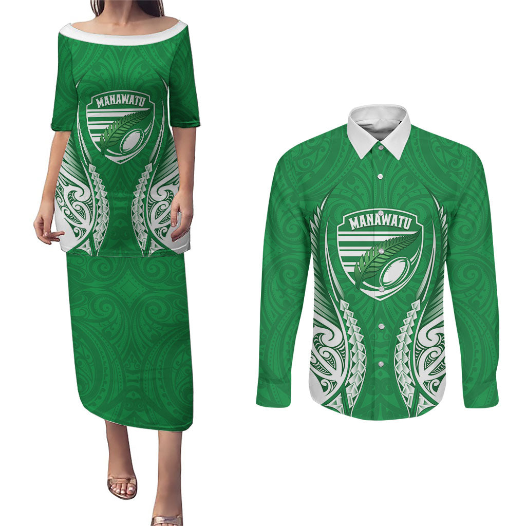 Manawatu 2026 Rugby Custom Couples Matching Puletasi and Long Sleeve Button Shirt NZ Maori Silver Fern LT14 Green - Polynesian Pride