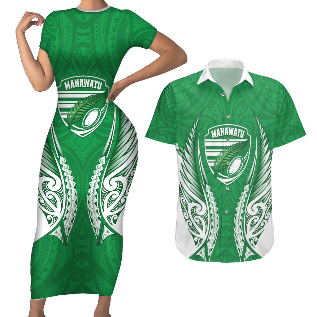 Manawatu 2026 Rugby Custom Couples Matching Short Sleeve Bodycon Dress and Hawaiian Shirt NZ Maori Silver Fern LT14 Green - Polynesian Pride