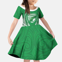Manawatu 2026 Rugby Custom Family Matching Off Shoulder Maxi Dress and Hawaiian Shirt NZ Maori Silver Fern LT14 Daughter's Dress Green - Polynesian Pride