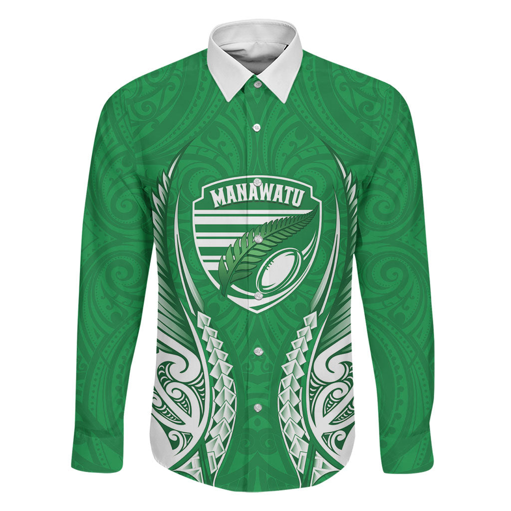 Manawatu 2026 Rugby Custom Family Matching Off Shoulder Maxi Dress and Hawaiian Shirt NZ Maori Silver Fern LT14 Dad's Shirt - Long Sleeve Green - Polynesian Pride