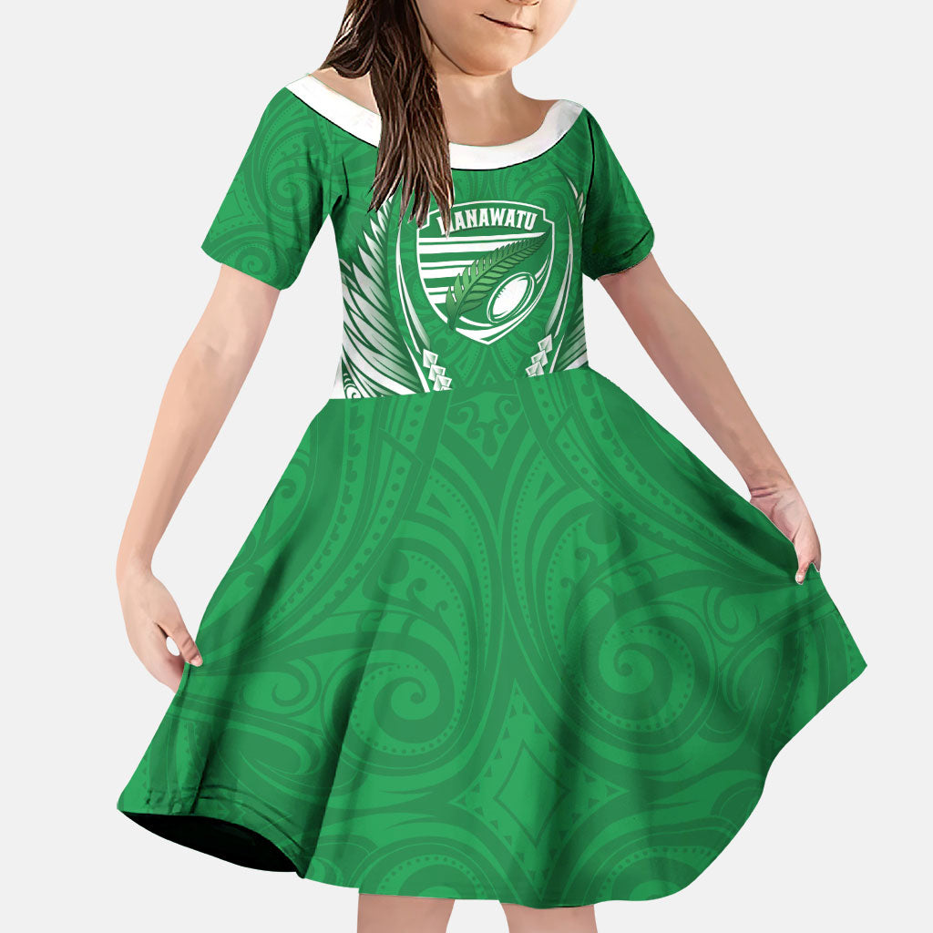 Manawatu 2026 Rugby Custom Family Matching Short Sleeve Bodycon Dress and Hawaiian Shirt NZ Maori Silver Fern LT14 Daughter's Dress Green - Polynesian Pride
