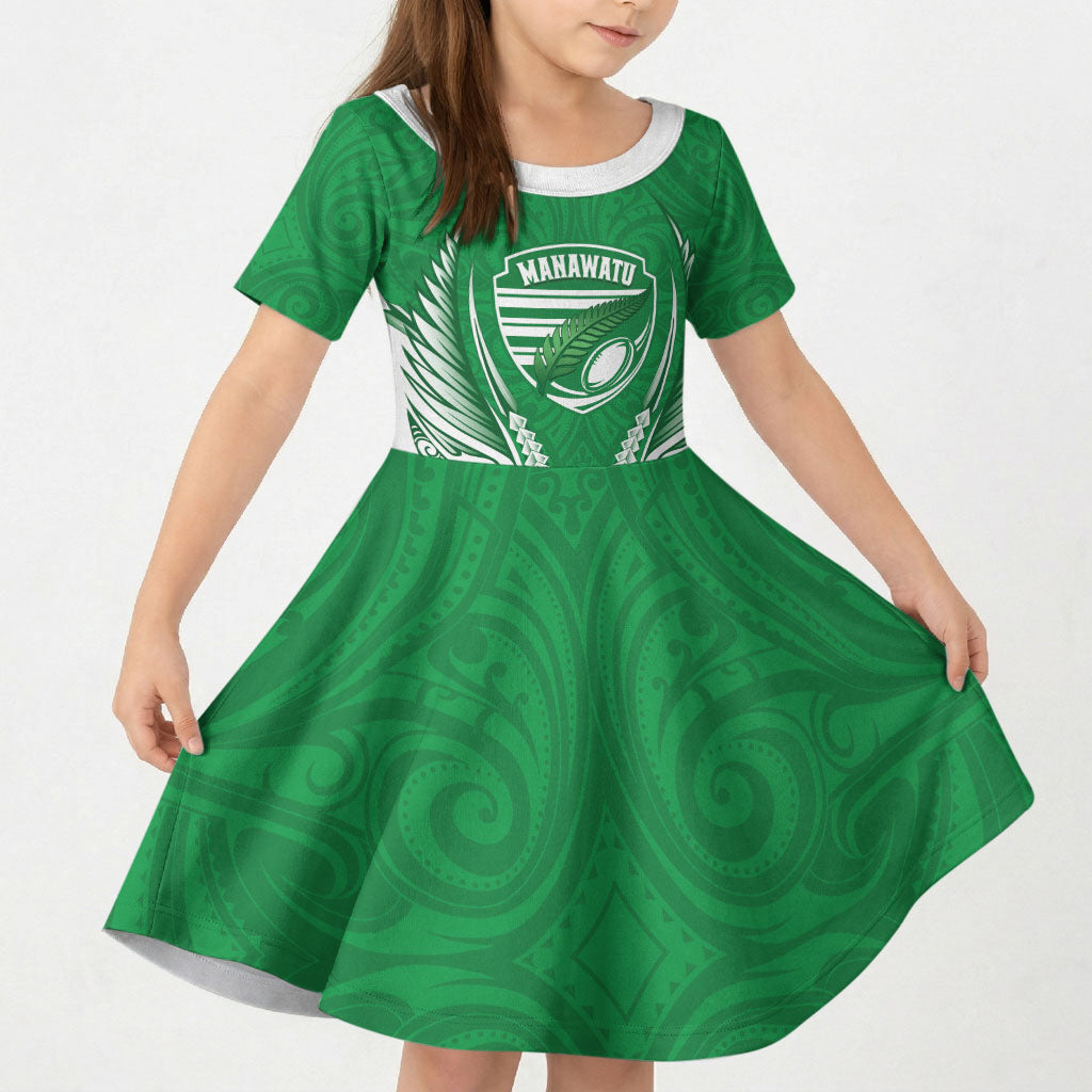 Manawatu 2026 Rugby Custom Kid Short Sleeve Dress NZ Maori Silver Fern LT14 KID Green - Polynesian Pride