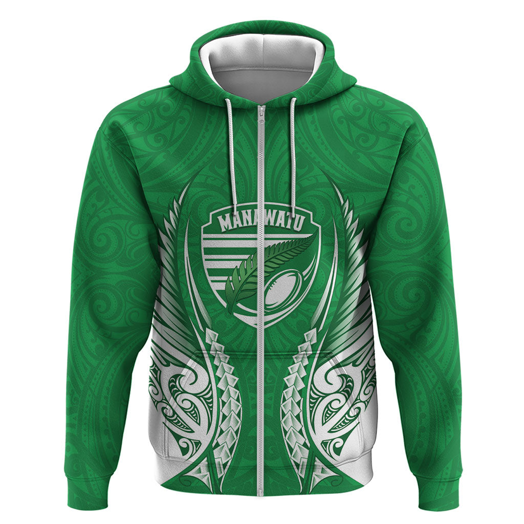 Manawatu 2026 Rugby Custom Zip Hoodie NZ Maori Silver Fern LT14 Zip Hoodie Green - Polynesian Pride