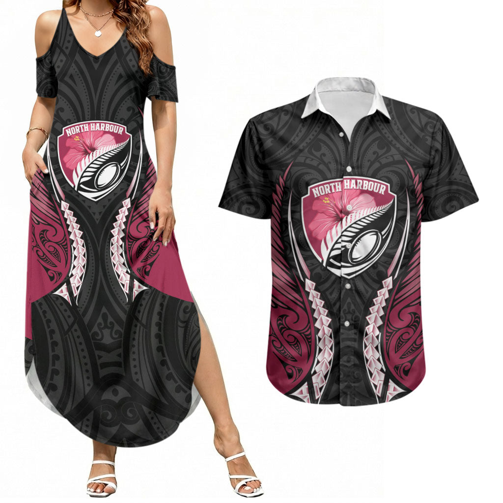 North Harbour 2026 Rugby Custom Couples Matching Summer Maxi Dress and Hawaiian Shirt NZ Maori Silver Fern LT14 Maroon - Polynesian Pride