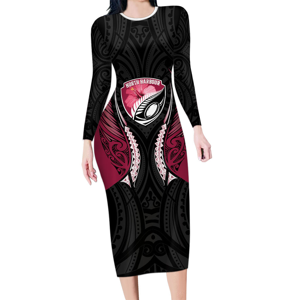 North Harbour 2026 Rugby Custom Family Matching Long Sleeve Bodycon Dress and Hawaiian Shirt NZ Maori Silver Fern LT14 Mom's Dress Maroon - Polynesian Pride