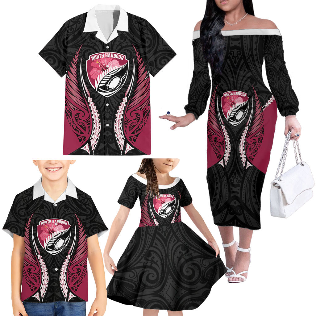 North Harbour 2026 Rugby Custom Family Matching Off The Shoulder Long Sleeve Dress and Hawaiian Shirt NZ Maori Silver Fern LT14 - Polynesian Pride