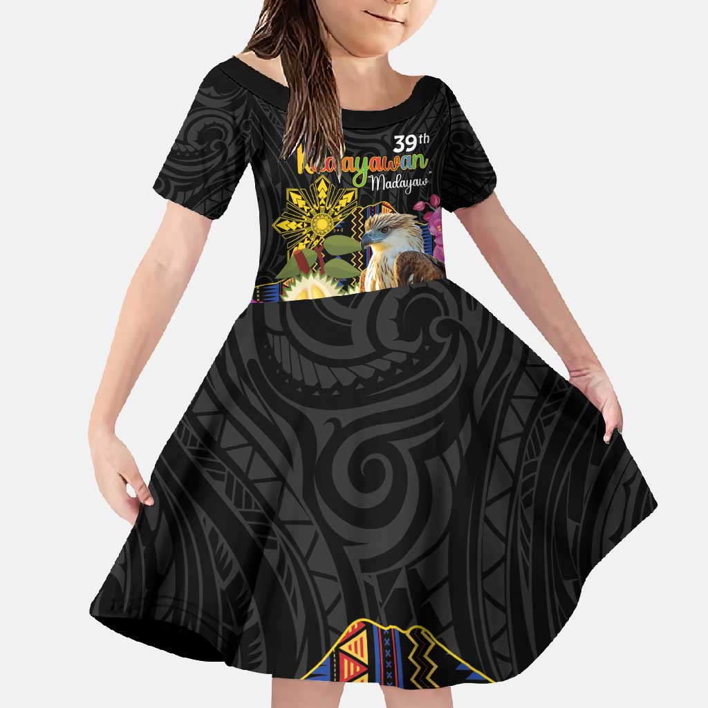 Kadayawan Philippines Family Matching Long Sleeve Bodycon Dress and Hawaiian Shirt Filipino Eagle Happy 39th Anniversary LT14 Daughter's Dress Black - Polynesian Pride