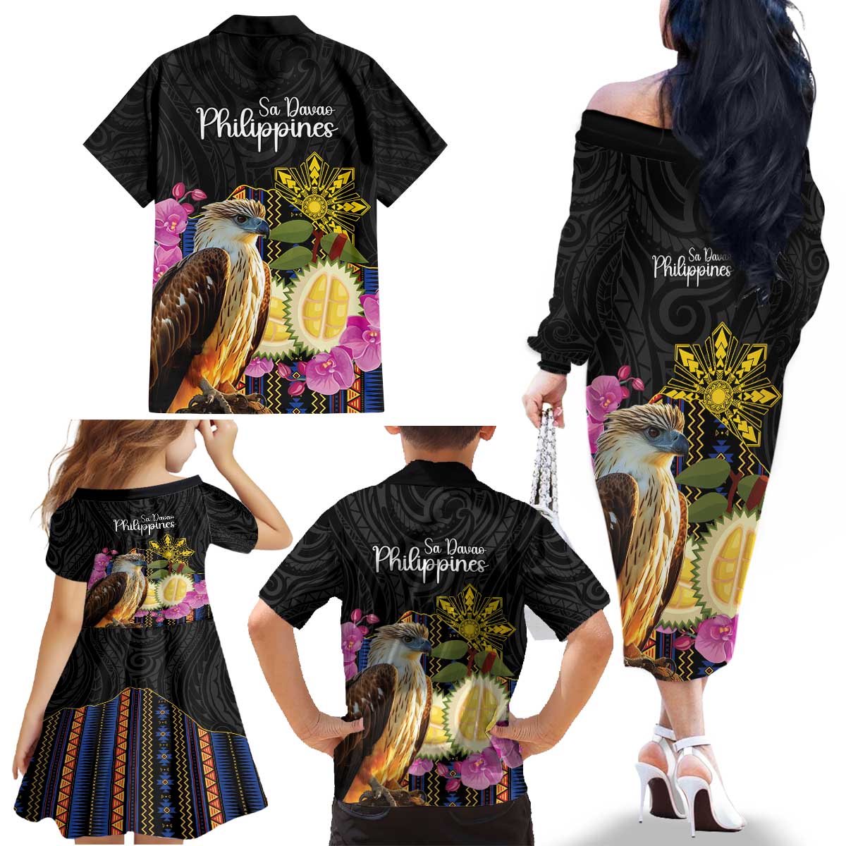 Kadayawan Philippines Family Matching Off The Shoulder Long Sleeve Dress and Hawaiian Shirt Filipino Eagle Happy 39th Anniversary LT14 - Polynesian Pride