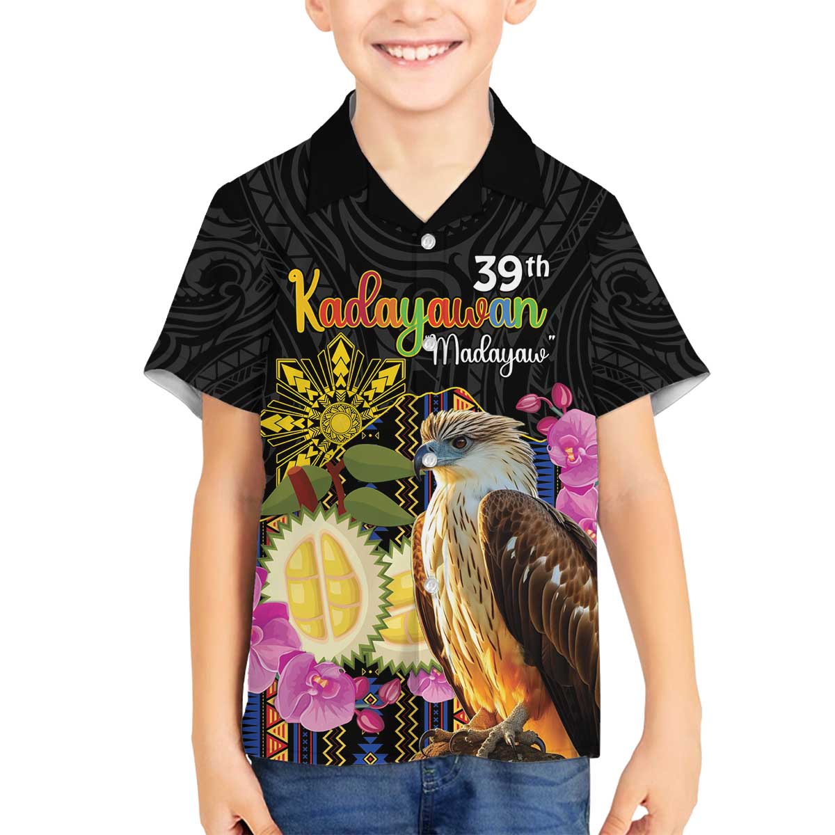 Kadayawan Philippines Family Matching Off The Shoulder Long Sleeve Dress and Hawaiian Shirt Filipino Eagle Happy 39th Anniversary LT14 Son's Shirt Black - Polynesian Pride