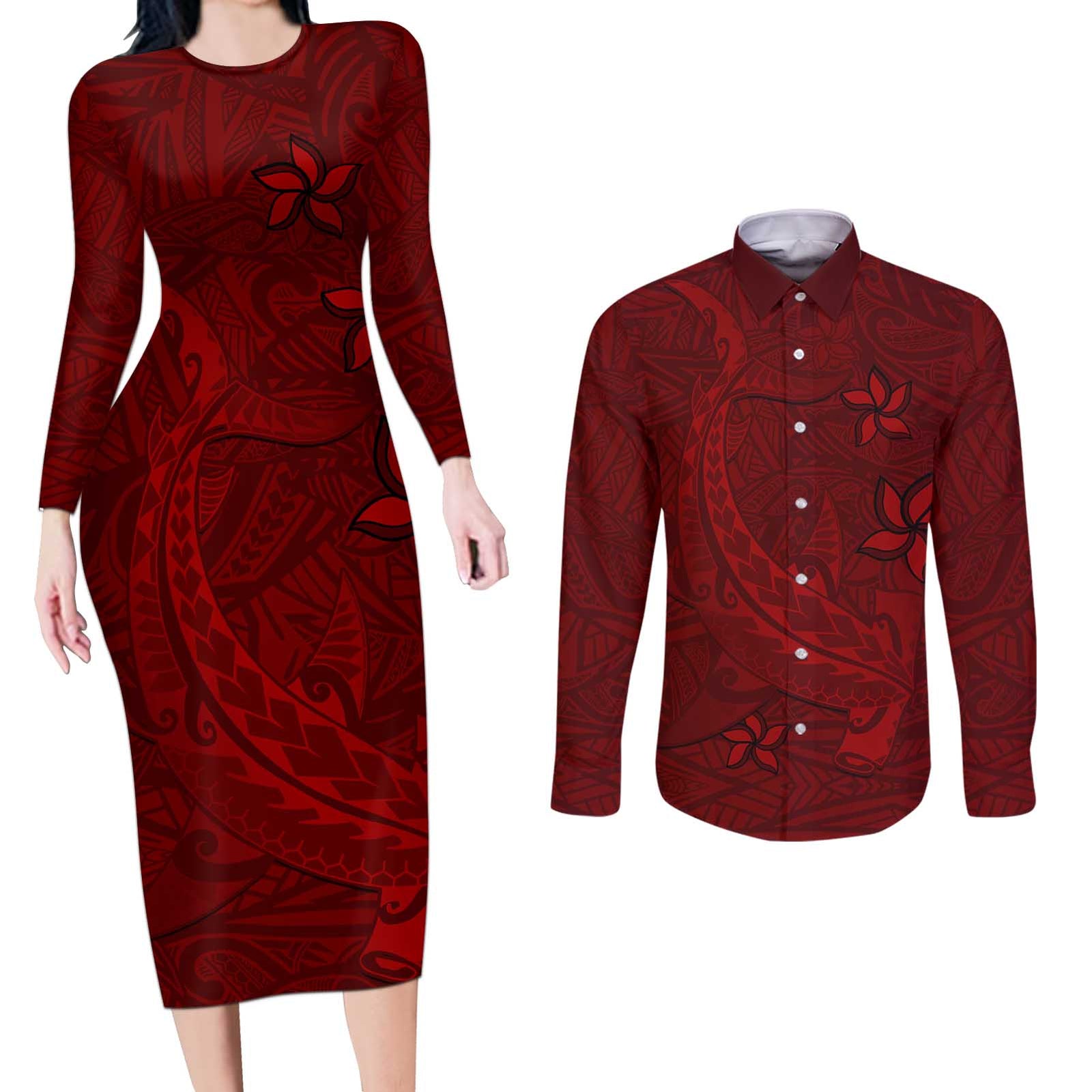 Oxblood Polynesia Couples Matching Long Sleeve Bodycon Dress and Long Sleeve Button Shirt Hawaiian Tribal Hammerhead Shark Tattoo