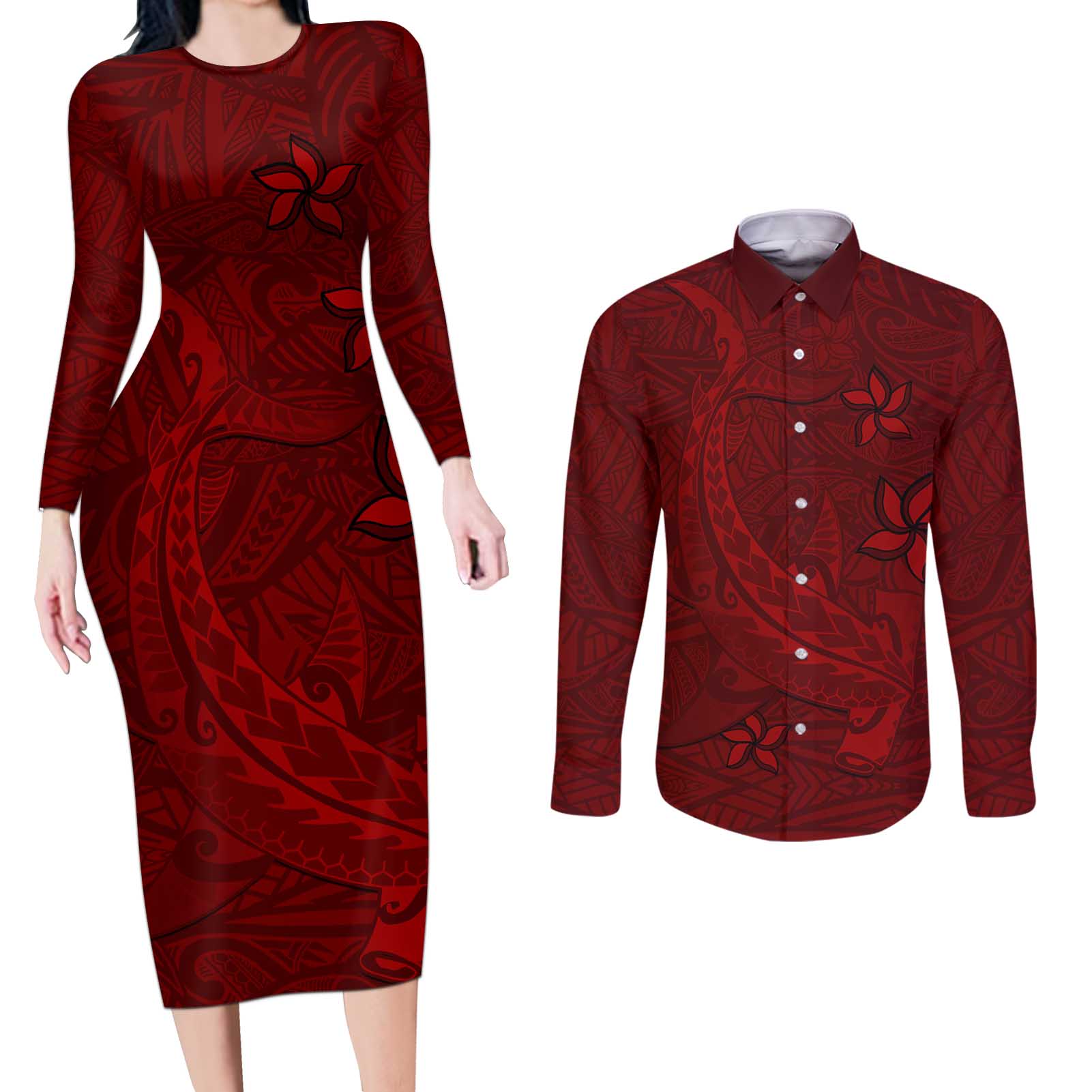Oxblood Polynesia Couples Matching Long Sleeve Bodycon Dress and Long Sleeve Button Shirt Hawaiian Tribal Hammerhead Shark Tattoo
