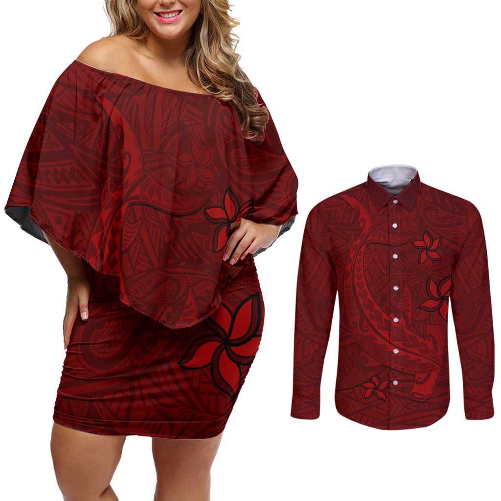 Oxblood Polynesia Couples Matching Off Shoulder Short Dress and Long Sleeve Button Shirt Hawaiian Tribal Hammerhead Shark Tattoo
