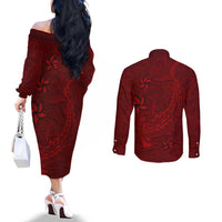 Oxblood Polynesia Couples Matching Off The Shoulder Long Sleeve Dress and Long Sleeve Button Shirt Hawaiian Tribal Hammerhead Shark Tattoo