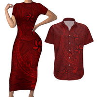 Oxblood Polynesia Couples Matching Short Sleeve Bodycon Dress and Hawaiian Shirt Hawaiian Tribal Hammerhead Shark Tattoo LT14 Oxblood - Polynesian Pride