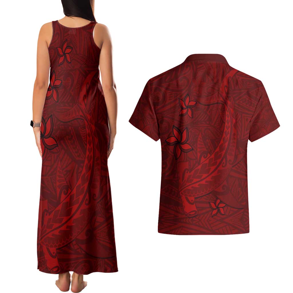 Oxblood Polynesia Couples Matching Tank Maxi Dress and Hawaiian Shirt Hawaiian Tribal Hammerhead Shark Tattoo