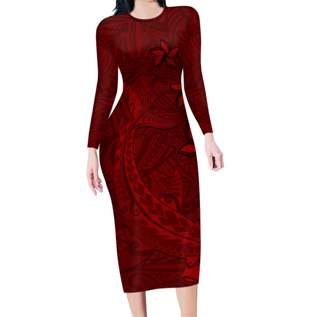 Oxblood Polynesia Family Matching Long Sleeve Bodycon Dress and Hawaiian Shirt Hawaiian Tribal Hammerhead Shark Tattoo LT14 Mom's Dress Oxblood - Polynesian Pride