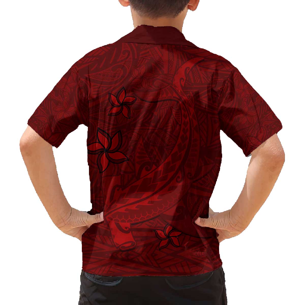 Oxblood Polynesia Family Matching Off The Shoulder Long Sleeve Dress and Hawaiian Shirt Hawaiian Tribal Hammerhead Shark Tattoo LT14 - Polynesian Pride